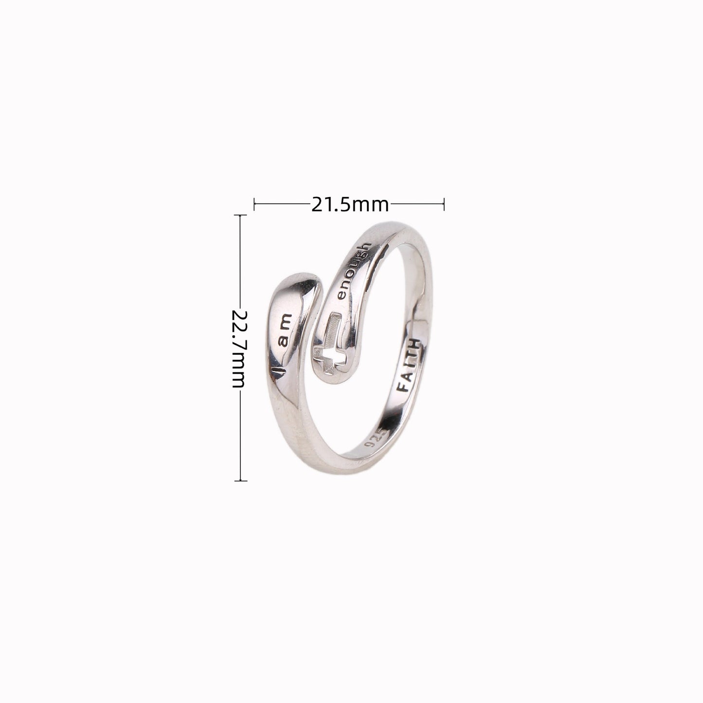 Bague en argent réglable avec croix creuse « Je suis assez foi »