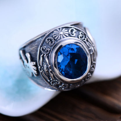 Vintage Totem Blauer Kristall Sterling Silber Ring