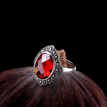 Vintage Flower Garnet Red Adjustable Silver Ring