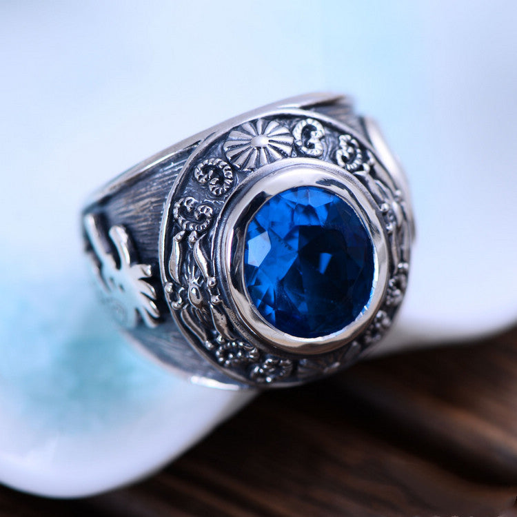 Vintage Totem Blue Crystal Sterling Silver Ring