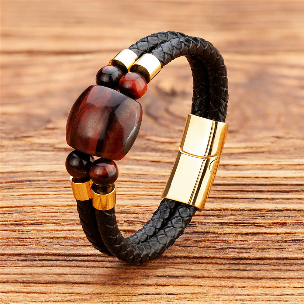 Natural Tigers Eye Leather Woven Bracelet