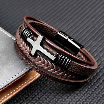 Stainless Steel Leather Cross Brown Black Bracelet