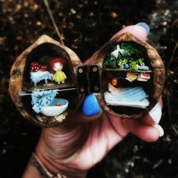 Handmade Walnut Shell Doll House--mini library, tiny World inside walnuts