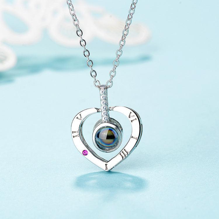 Personalized Projection Photo Necklace - Roman numeral love heart - Record My Love